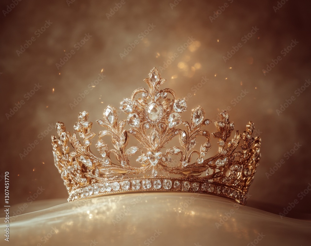 Poster a golden crown with sparkling diamonds on it, shining brightly against the backdrop of light brown a