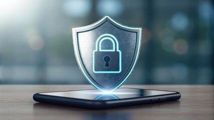digital shield with lock symbol represents security over smartphone, conveying protection and safety in technology