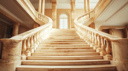 Grand marble staircase with pillars in elegant historical building interior