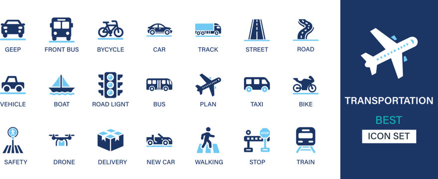 Transportation icon set collection. Geep, bicycle, car, track, street, road, vehicle, boat, bus, plan, safety, drone, delivery, walking, stop. And solid icons.