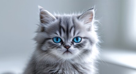 Obraz premium Fluffy gray kitten with blue eyes looking grumpy