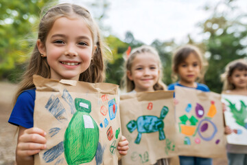 Schoolchildren promoting environmental conservation holding drawings of recycling and nature during a school recycling program