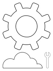 Gear above cloud with wrench symbolizing technology, maintenance, and cloud computing. Ideal for innovation, repair, cloud services, engineering, development machinery and workflow concepts. Flat