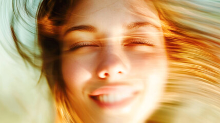 Naklejka premium Radiant young caucasian female with windswept hair and joyful expression