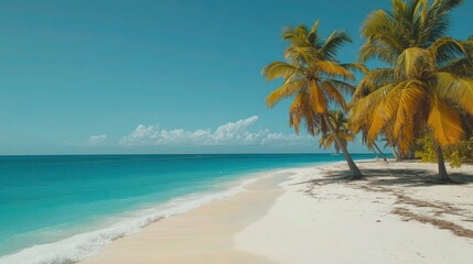 Fototapeta premium Tropical paradise, pristine white sand beach, turquoise Caribbean waters, swaying palm trees, clear blue sky, sunny day, idyllic coastline, remote island getaway, tranquil ocean scene