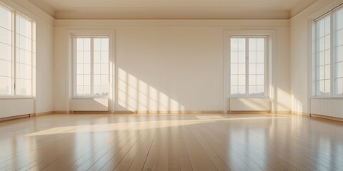 Obraz premium Sunlit Empty Room With Large Windows and Hardwood Floor
