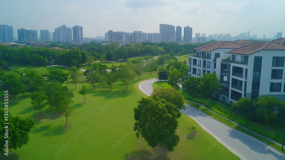 Poster aerial view of a green park surrounded by modern buildings and pathways.