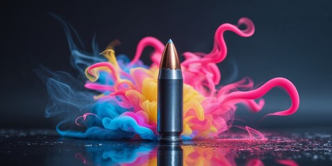 Bullet in motion surrounded by colorful smoke and reflections on the surface.