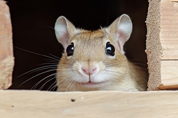 Obraz premium A degu curiously peeking out of its burrow, whiskers twitching