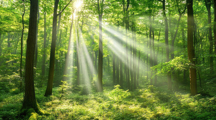 Obraz premium Sunlight filtering through lush green forest on a summer morning