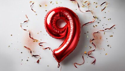 Red balloon number 9 for ninth birthday or anniversary party. White background with confetti