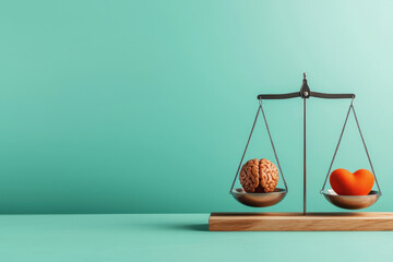 creative depiction of mental health balance showing brain and heart on scale, symbolizing emotional and rational equilibrium