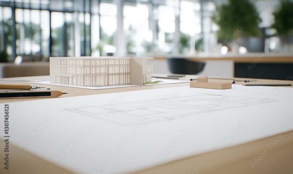 Leinwandbilder architectural model on a desk with blueprints and drafting tools in a modern workspace.