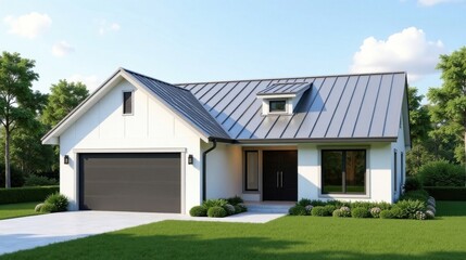 Modern Ranch House with Metal Roof and Attached Garage, Landscaped Yard, and Expansive Windows