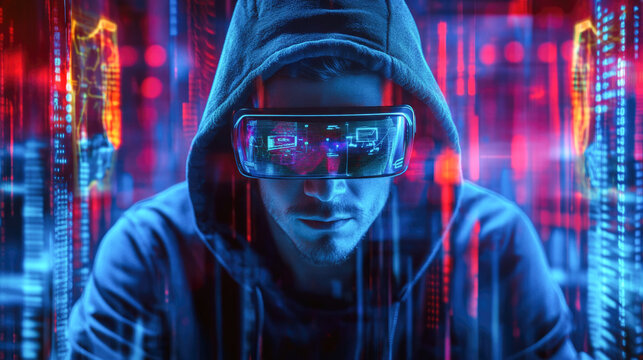 Young caucasian male hacker in vr headset amidst neon digital codes