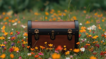 Hidden treasure chest Concept, Wooden Treasure Chest Surrounded by Vibrant Wildflowers in a Sunlit Meadow