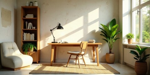 Sunlight streams into a home office, illuminating a wooden desk, chair, bookcase, and potted plants, creating a serene and productive workspace