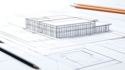Architectural blueprint of a modern building, showcasing design elements and structure details.
