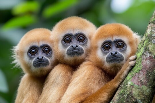 A family of gibbons brachiating through the treetops, their long arms stretched between branches