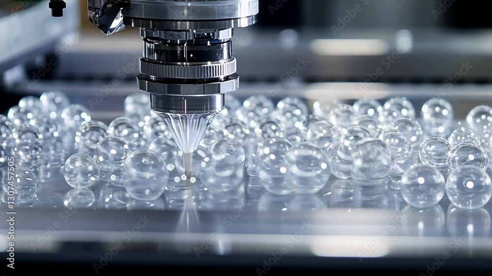 Poster close up of a cnc machine performing precision work on a series of transparent spherical objects, sh
