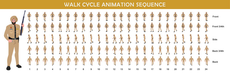 Police Officer Character walk cycle animation sequence. Front walk frame by frame animation sprite sheet.