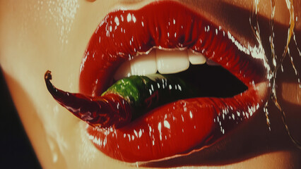 Glossy red lips biting a hot chili pepper, creating a bold and seductive visual.