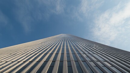 Close-up image of a geometric skyscraper showcasing architectural details and design elements.