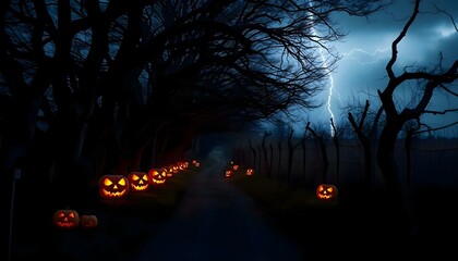 a road lined with pumpkins with a lightning in the background