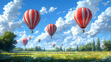 Fototapeta premium Colorful hot air balloons floating serenely above a green landscape