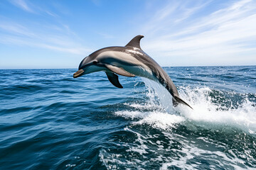 Fototapeta premium Dolphin leaping gracefully over ocean waves under blue sky
