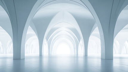 Futuristic white architecture with arched ceilings and symmetrical design