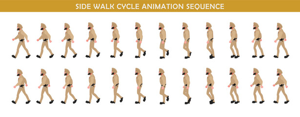 Police Officer Character walk cycle animation sequence. Front walk frame by frame animation sprite sheet.