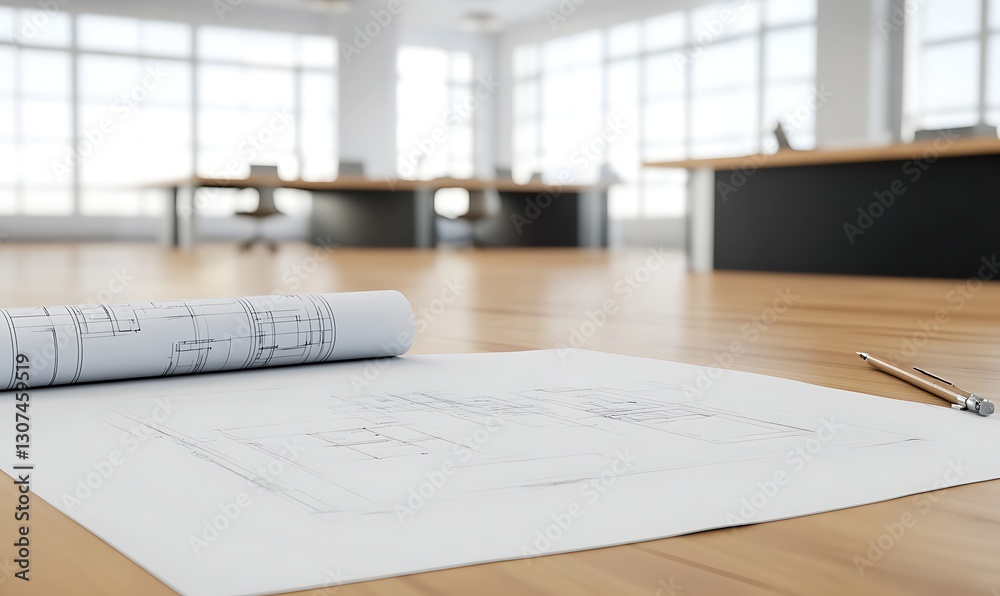 Fototapete architectural workspace design with drafting elements in a studio setting.