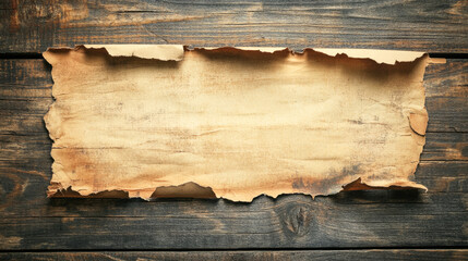 Vintage torn parchment on rustic wooden surface