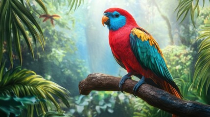 Parrot perched on branch in tropical forest setting, illuminated by sunlight