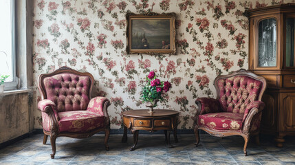 Obraz premium Vintage living room with floral wallpaper and victorian furniture