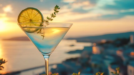 Martini cocktail with lime on the background of the sea