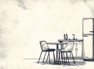 Sketch of a minimalist kitchen area with a small table and chairs, vintage style refrigerator, and countertop.