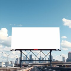 Fototapeta premium City skyline, large blank billboard, urban landscape, railway tracks, cloudy sky, modern skyscrapers, advertising space, genrative ai