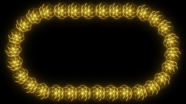 Rectangle Geometric floral border. Gold frame. Isolated on black background. Golden luxury realistic. Animated neon lines. Square frame with shadow. Line art. Wedding model. Copy space. abstract text 