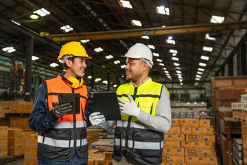 Professional engineer and technician wearing safety helmet analyzing meeting with tablet in factory warehouse. Confident factory workers group inspection industry factory. Teamwork concept.