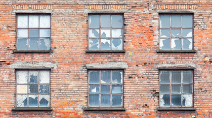 Fototapeta premium Old brick building with six broken windows and weathered red bricks