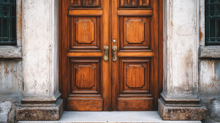 Ornate wooden double doors with vintage brass handles in classic stone building entrance