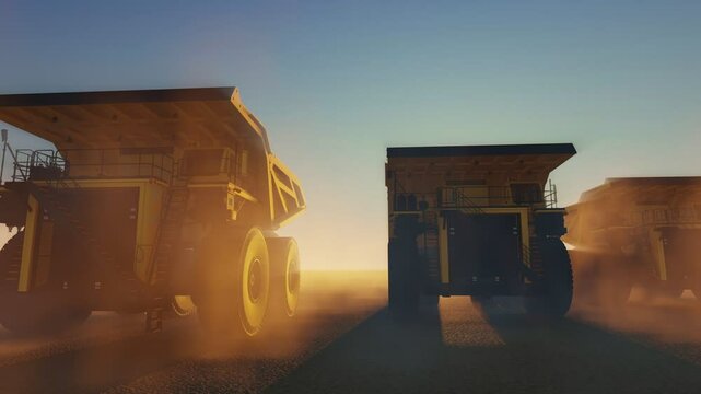 Row of heavy duty dump trucks. Earth Moving Equipment.
Big yellow dump trucks. Mining trucks, mining machinery for transport. 3D render.