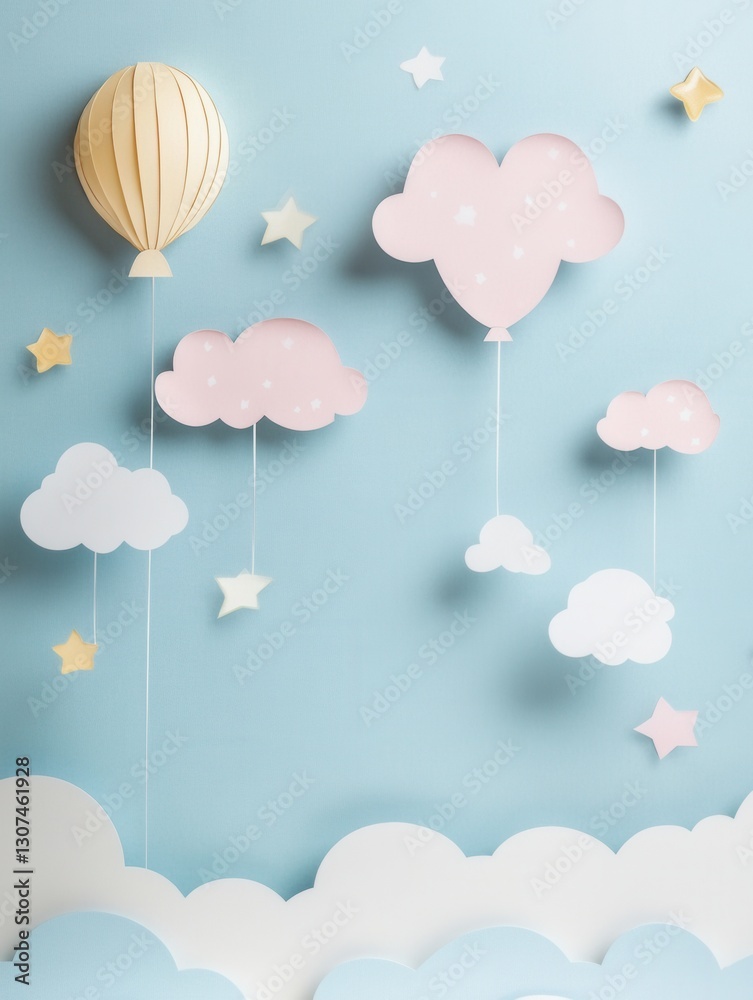 Poster Whimsical paper art background with pastel clouds, balloons, and stars creating a dreamy atmosphere for creative projects Generative AI