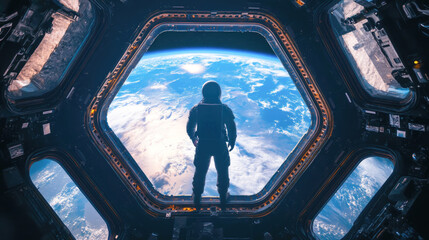 Astronaut viewing earth from space station window