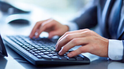 Fototapeta premium Close-up of male hands typing on computer keyboard in office setting