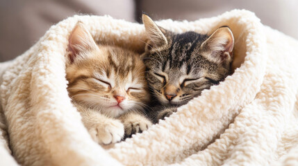 Adorable kitten pair snuggled together in soft blanket