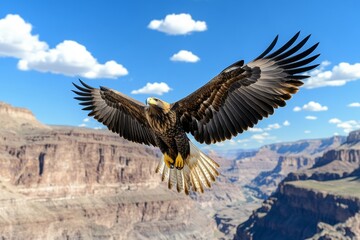 Obraz premium A golden eagle soaring over a rugged canyon landscape, its wings casting a massive shadow