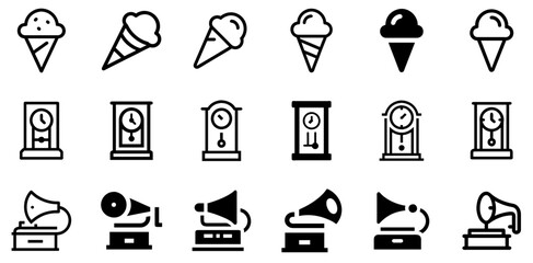 "Ice Cream Cone, Grandfather Clock, and Gramophone Icon Set – Vintage and Sweet Vector Symbols"